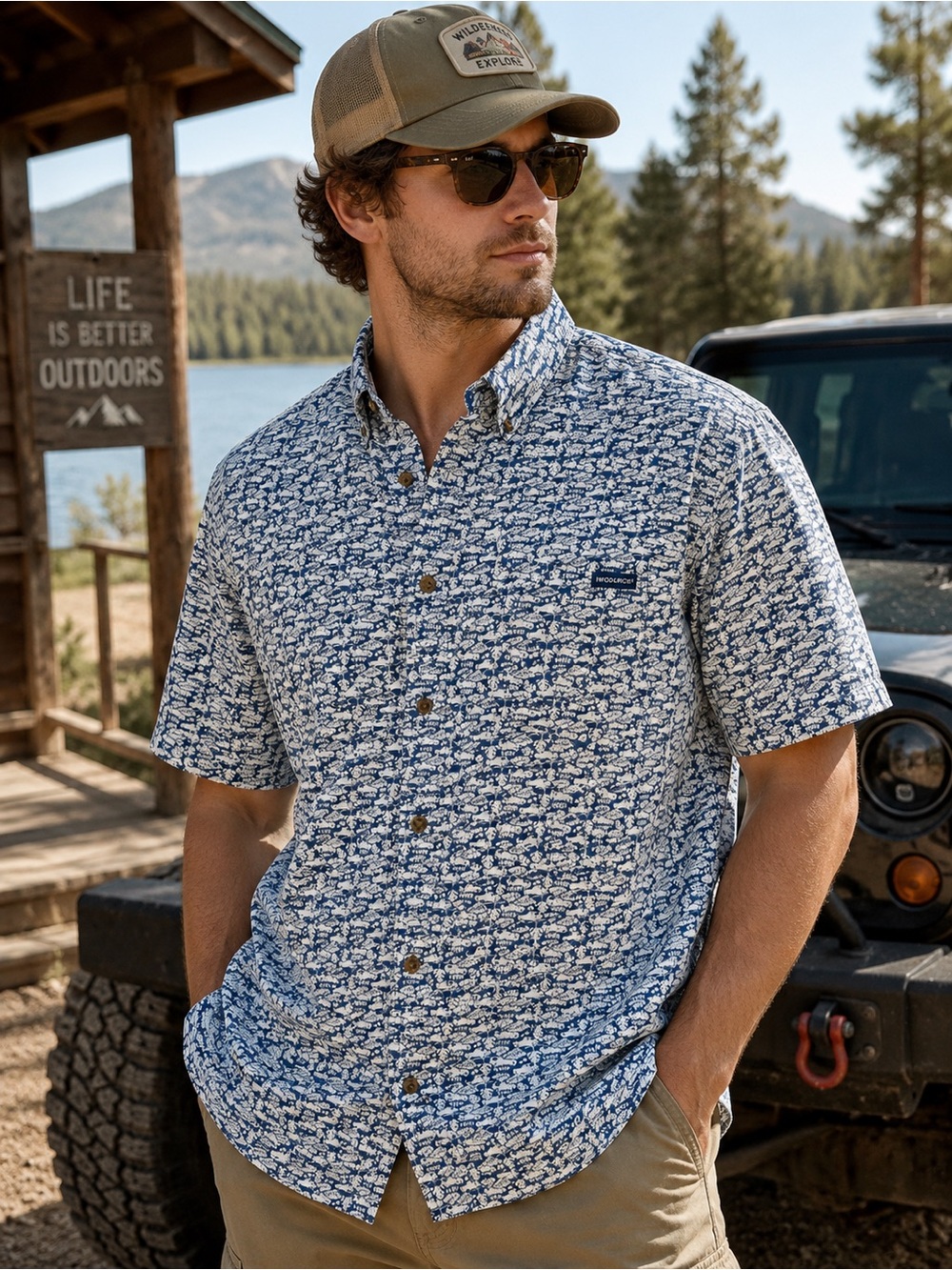 Woolrich Blue and White Short-Sleeve Button-Down Printed Shirt